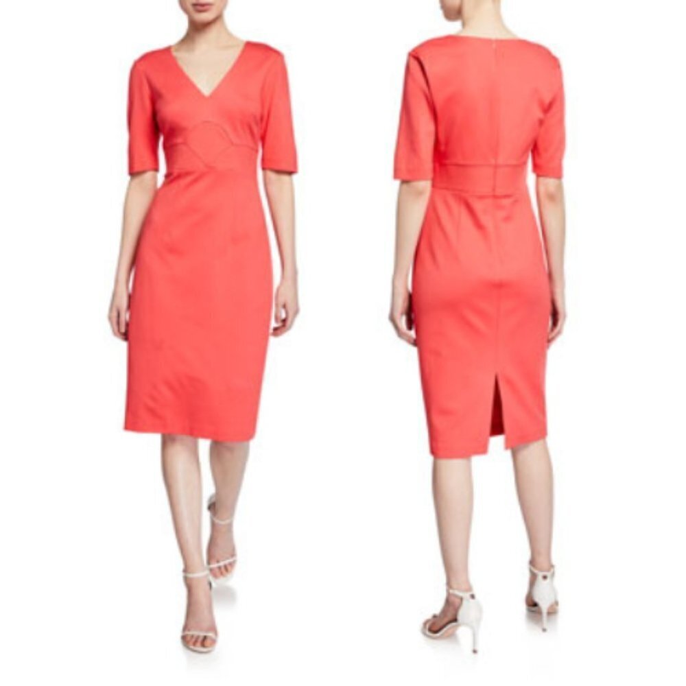Trina Turk Ashton V-Neck Elbow-Sleeve Scuba Sheath Dress 30747